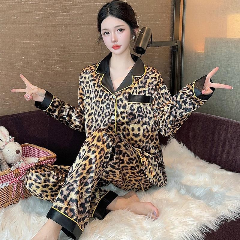 Otoño Nuevo Sexy Estampado de Leopardo Pijama Ropa de Dormir Traje Damas Manga Larga Moda Cómodo Traje Ropa de Dormir Puede Ser Exterior