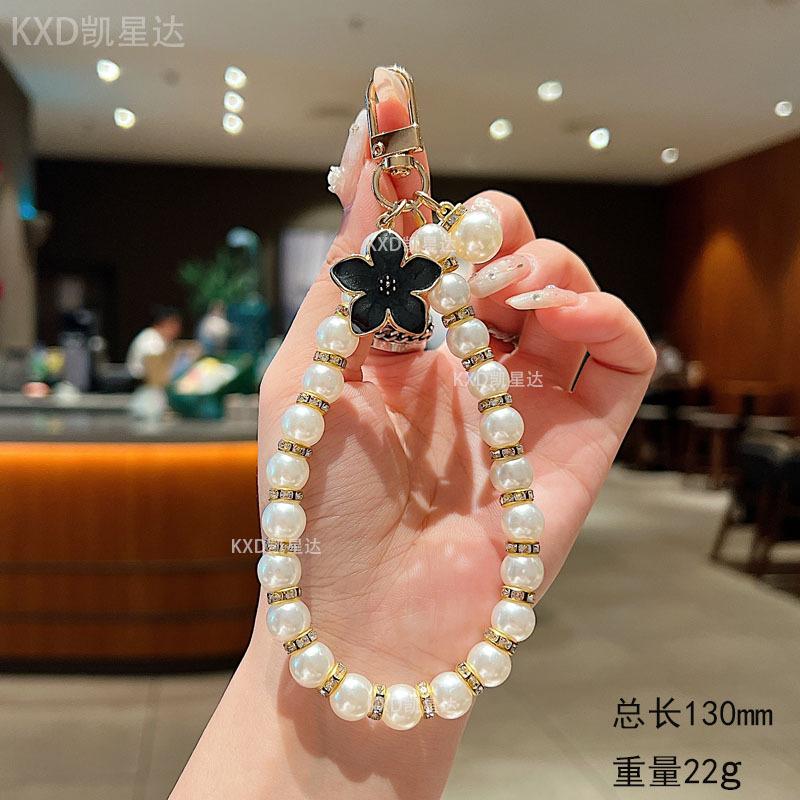 Phone Lanyard Handheld Small Pearl Round Bead Bracelet Rhinestone Pendant Women's Ins Style Flower Handmade Beaded