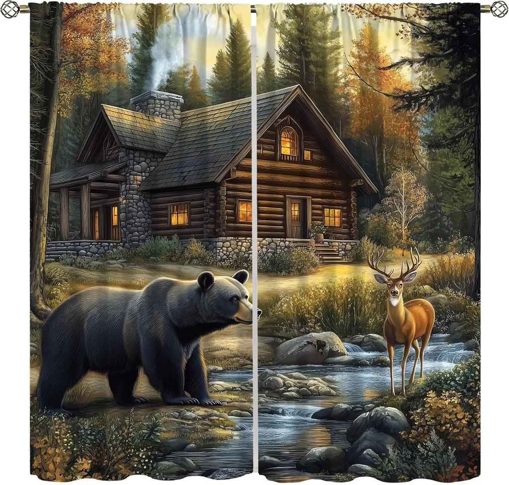 Farmhouse Deer Curtains Bedroom Vintage Rustic Fall Hunting River Cabin Elk Wildlife Window Drape Boys Girls Living Room Curtain For Sitting Polyester