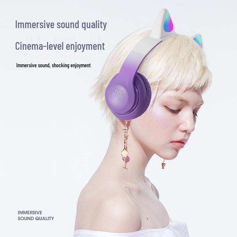 Sky Blue Cat Ear Bluetooth Headphones with Breathing Light