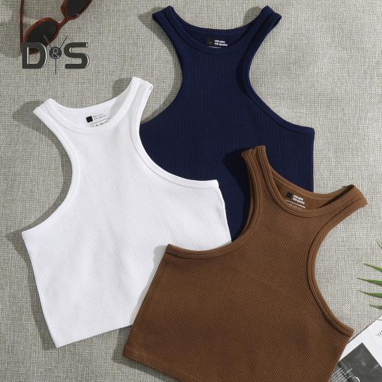 Women Running Vest O-Neck Sleeveless Short Tank Tops Solid Color Ribbed Elastic Fitting Quick Drying Racer Back Vest