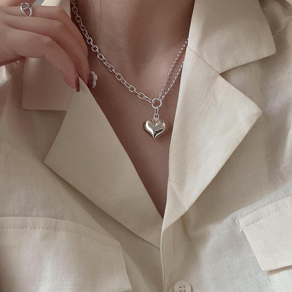 Korean Inspired Sweetheart Double Layer Necklace - Retro Peach Heart Clavicle and Creative Sweater Chain for Women