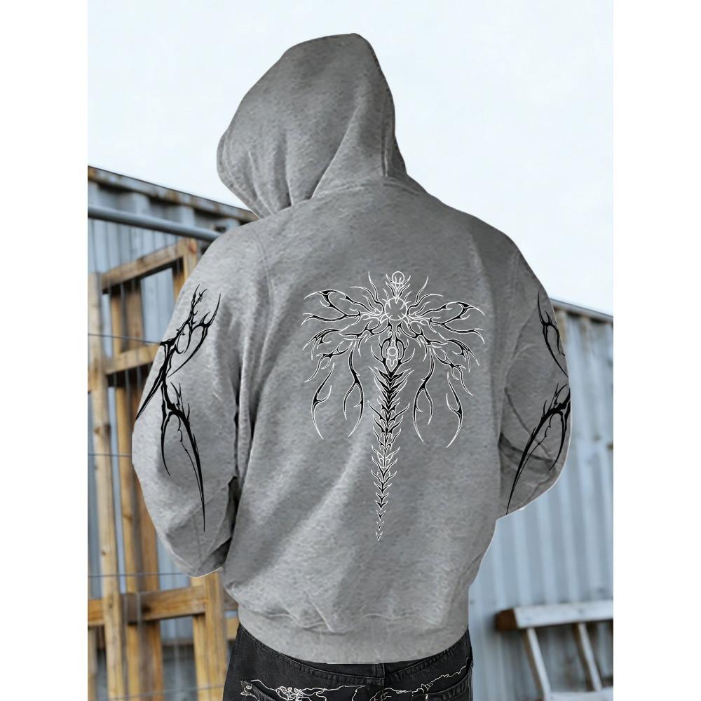Men s Retro Printed Hooded Sweatshirt with Geometric Thorn Pattern, Casual Fit, Perfect Top for Autumn and Winter S