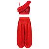 Girls Asymmetrical Shoulder Sequin Crop Top Satin Bloomers Pants Belly Dance Outfit