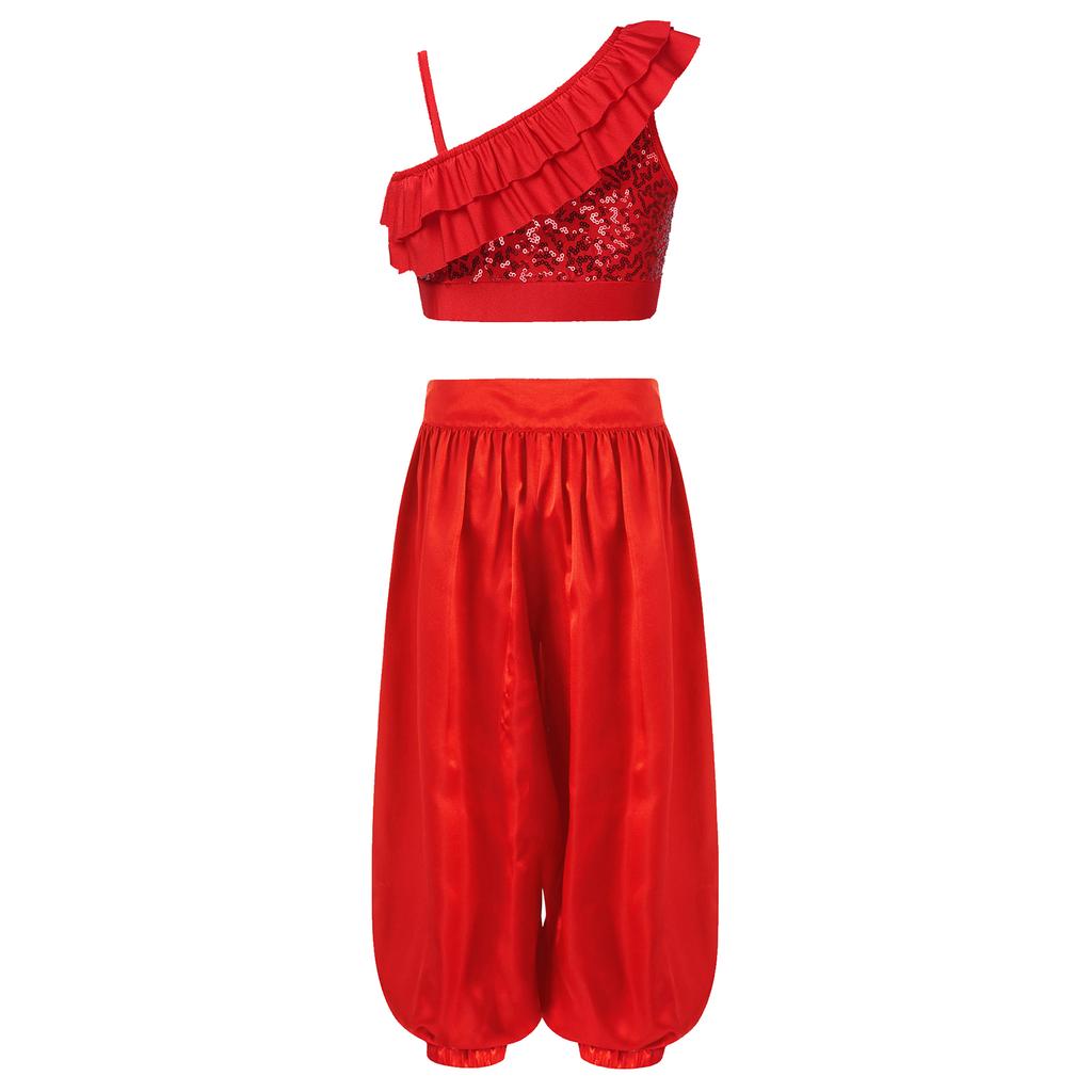 Girls Asymmetrical Shoulder Sequin Crop Top Satin Bloomers Pants Belly Dance Outfit