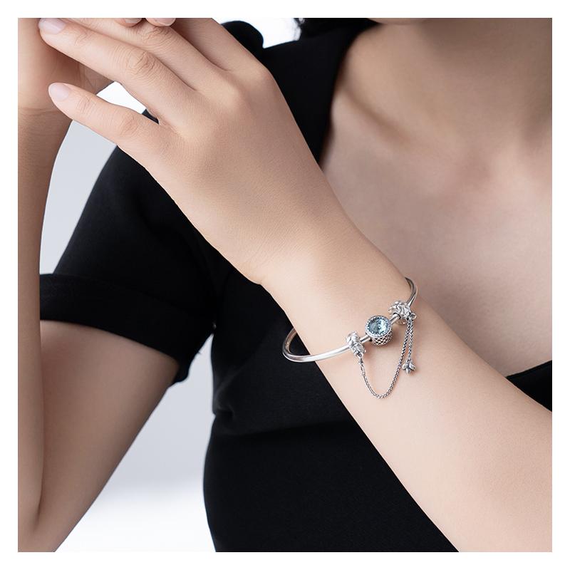 Pandora Glacier Blue Shining Heart SILVER Snake Chain Bracelet Women's Silver ZT-0345