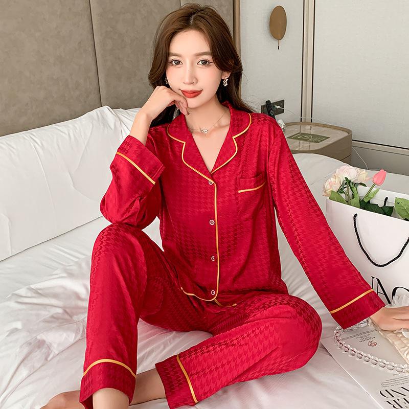 Women's Spring and Autumn Ice Silk Loungewear Ladies Summer Thin Breathable 2 Piece Long Sleeve Pajamas Set Jacquard Houndstooth Homewear