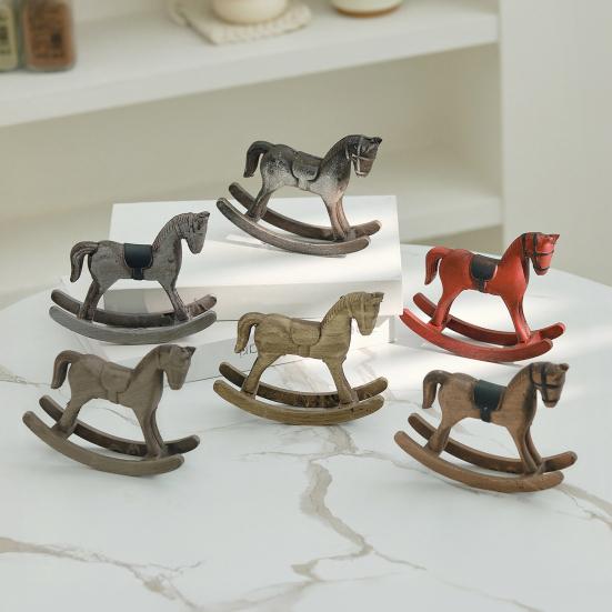 Yousheng Wooden Rocking Horse Figurine Vintage Wood Carving Pony Statue Sculpture Home Office Desktop Decoration Ornament