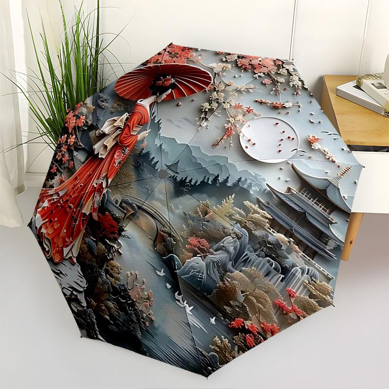 

Geisha, Japanese Landscape Themed Automatic Opening and Closing Umbrella, Brightly Colored 8-rib Portable Umbrella, Suitable for Men and Wom