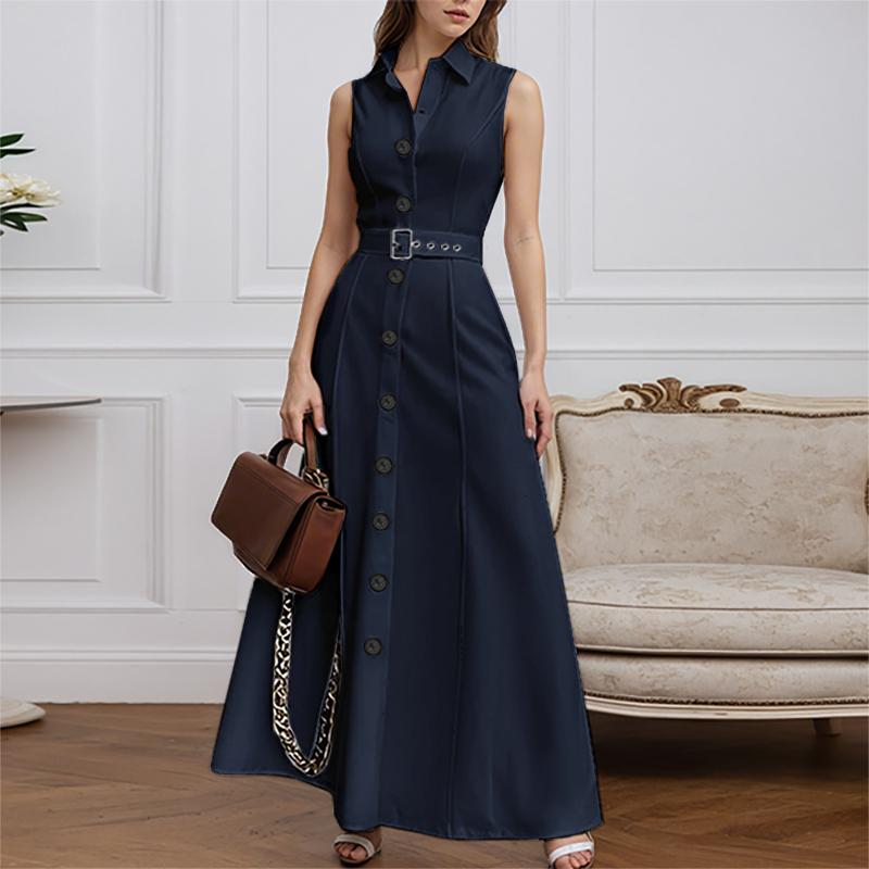 

ZANZEA Женское повседневное длинное платье без рукавов свободного кроя с отложным воротником 5XL темно-синий