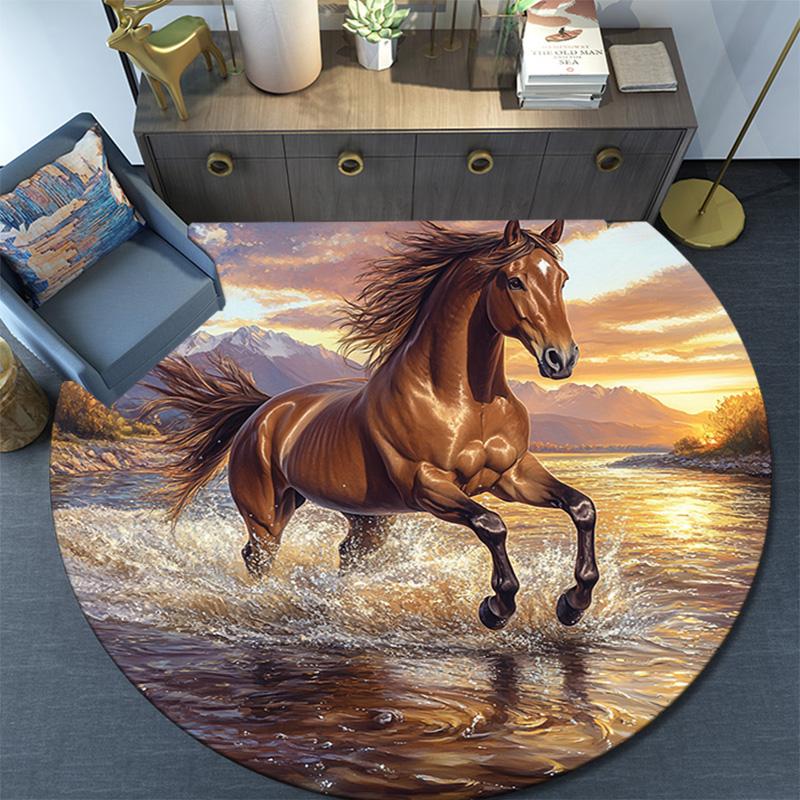 Galloping Horse Round Area Rug,Carpet Rug for Living Room Bedroom Sofa Playroom Decor,Non-slip Floor Mat