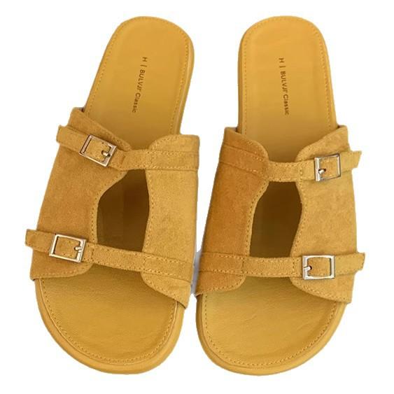 Korean Version of Silver Slippers Women's Summer Wear New French Retro One-word Sandals Holiday Seaside Beach Flat Sandals