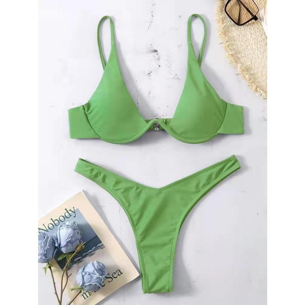 European and American Sexy Bikini Split Gathering Steel Tray Solid Color Swimsuit