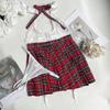 Teacher Cosplay Lingerie Sheer Halter Bra Plaid Skirt See Through Intimate Goods Sissy Erotic Crotchless Briefs Outfits