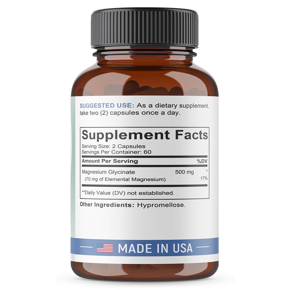Glicinato di Magnesio 500 mg Integratore Alimentare, 120 Capsule per Flacone