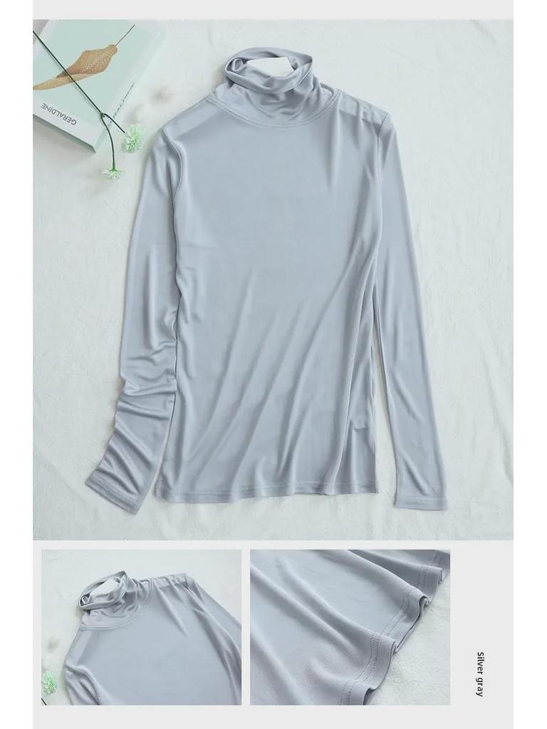 Tangge Women's Mulberry Silk Thermal High Collar Long-Sleeve Top