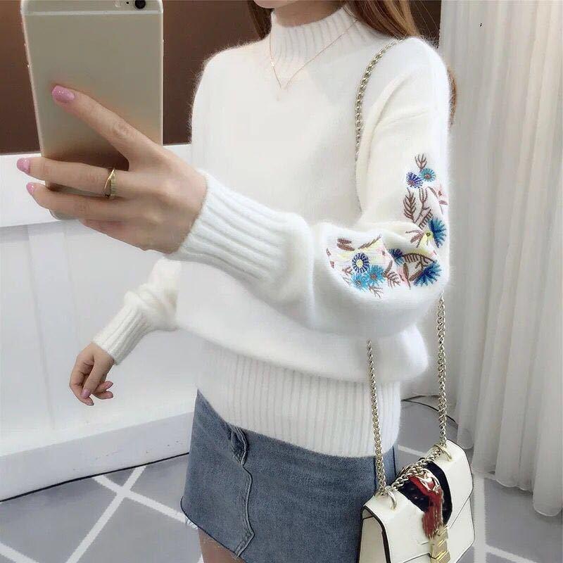 Women's Fall/Winter Korean-Style Versatile Half-Turtleneck Long-Sleeve Knit Sweater—Fitted Embroidered Sweater