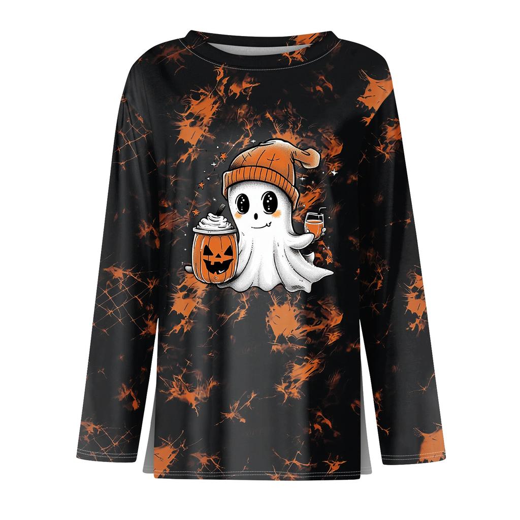 Women's Fashion Long Sleeve Tunic Top with Halloween Print and Side Slits - Round Neck Blouse for Party