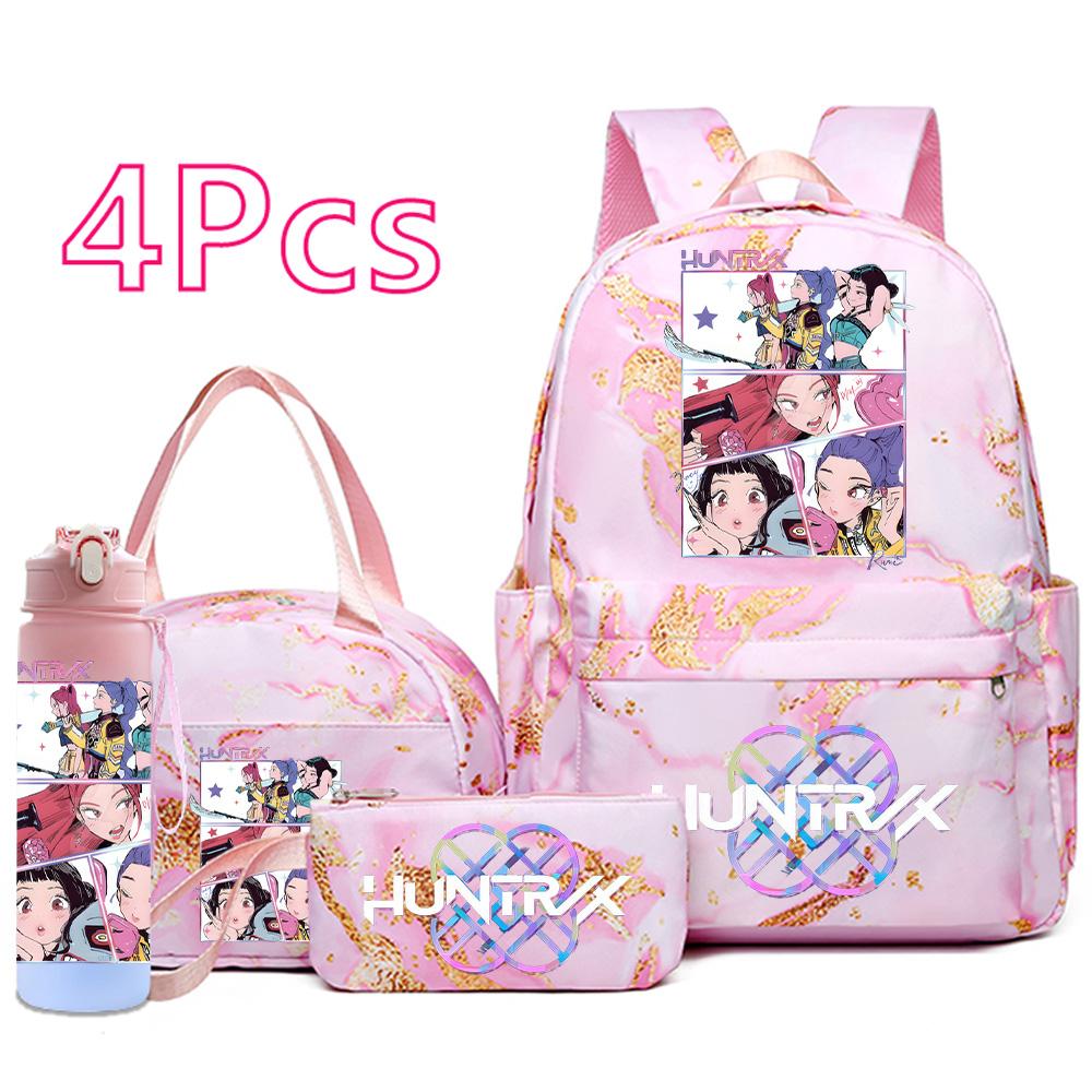 4Pcs/set Cartoon K-Pop Printed Backpack Handbag Pencil Case with 750Ml Water Bottler for Teenager Boy Girl Schoolbag Large Capacity Bookbag Mochila