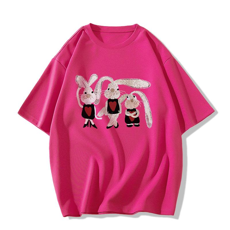 Ladies Summer Short Sleeve Round Collar Cartoon Rabbit Printed Loose Pullover Casual T Shirt Top