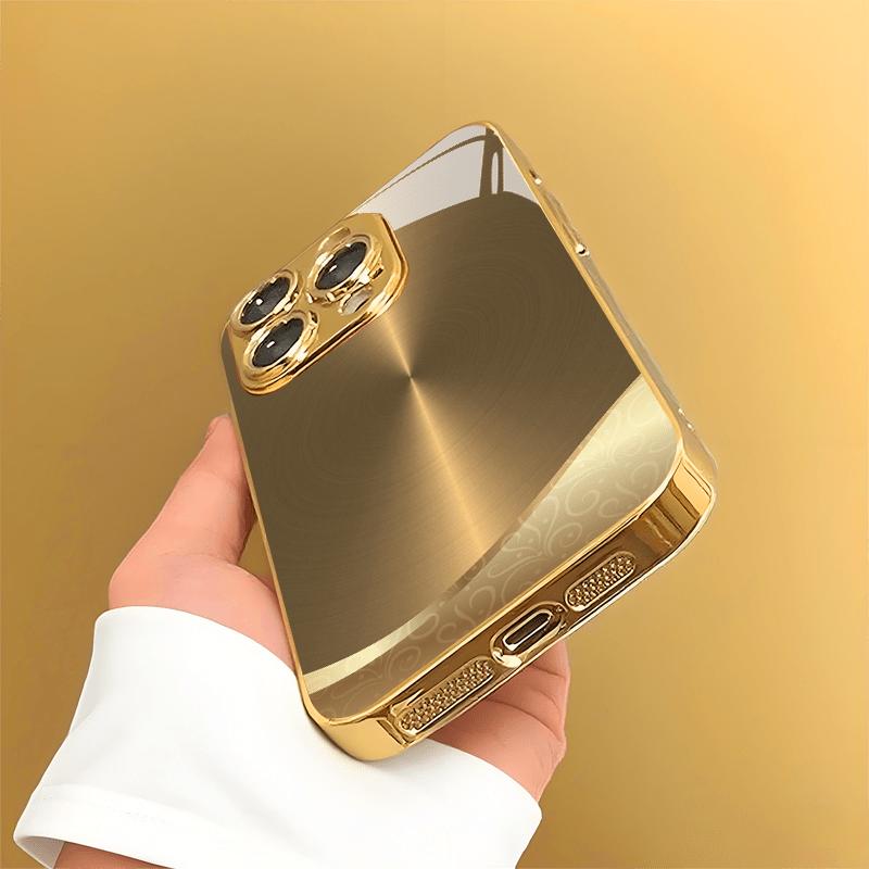 Golden metal brushed pattern straightedge trendy electroplated gold glass case For iphone 17 16 15 14 13 12 11 Pro Promax Plus