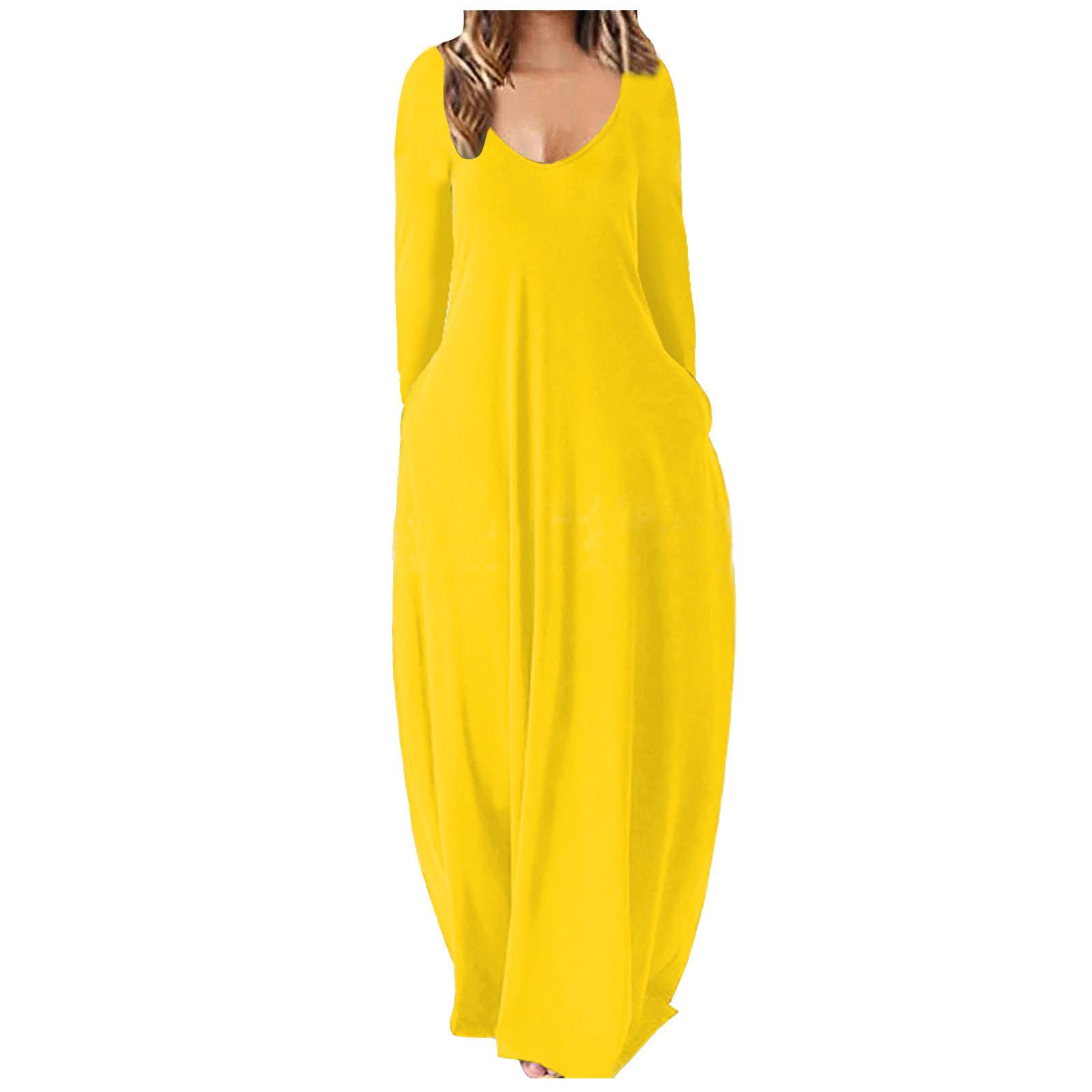 

Женское повседневное свободное однотонное длинное платье сексуальное платье с глубоким V-образным вырезом и длинным рукавом XXXXXL жёлтый