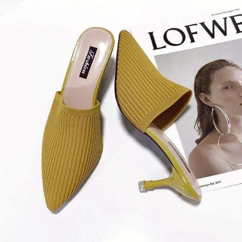 Fashion Shoes for Women 2025 Spring/Summer New High-heeled Slippers Women's Fashion Baotou Thin Heels Pointed Lazy Half Drag Sandals