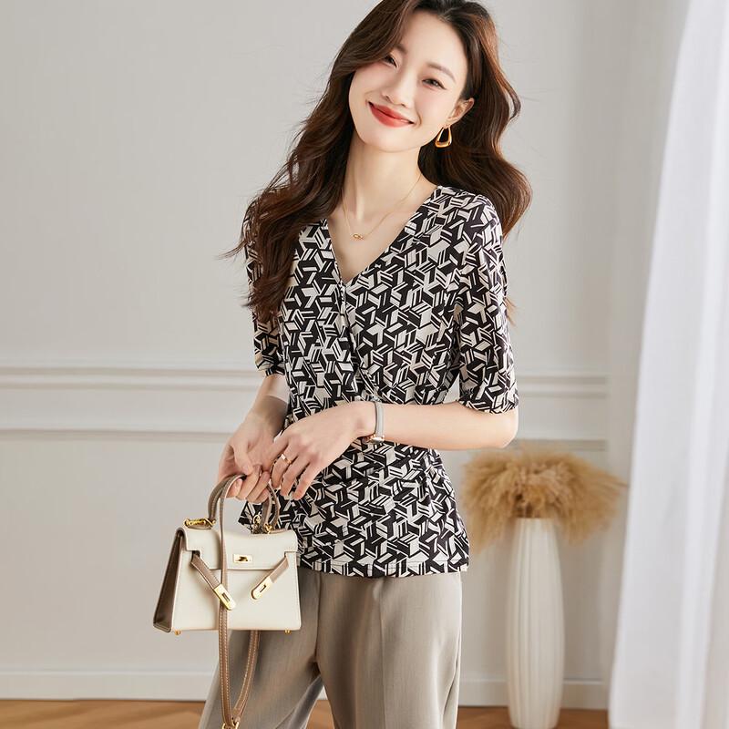 Srcr Women s Vintage V-Neck Half-Sleeve 100% Mulberry Silk T-Shirt XL