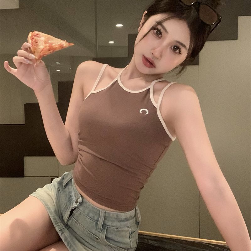 Moon embroidery sling vest women's summer new sexy slim short wear neck student top tide