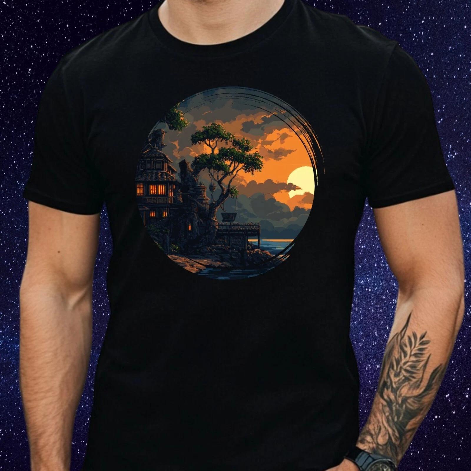 T-Shirt Herren Pixel Art Landschaft Motiv Baumwolle Größe S bis 5XL M