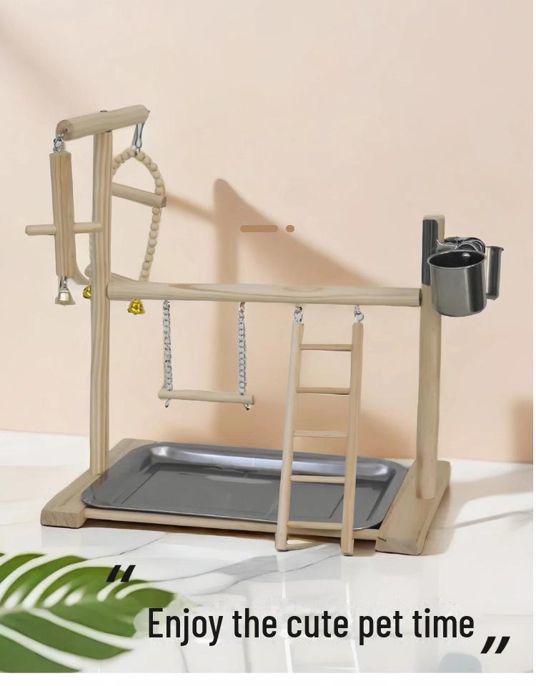 Solid Wood Parrot Playground: Bird Stand with Stainless Steel Food Box, Stick, and Ladder