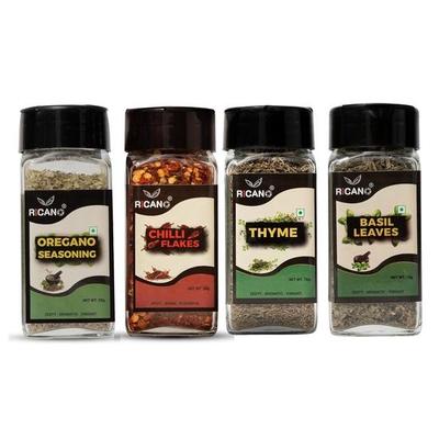 Orégano Ricano 20g, Copos de Chile 35g, Hojas de Albahaca 15g, Tomillo 15g,| Recién Secado | Set de Condimentos de 4 Unidades| Aroma Rico y Sabor Intenso (Paquete de 4)