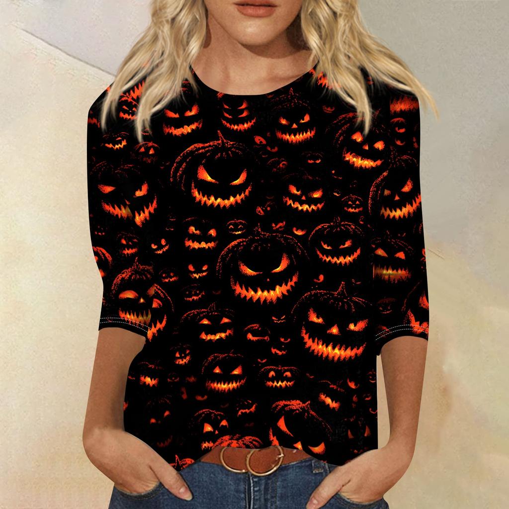 Women Halloween Pumpkin Print 3/4 Sleeve Shirt Round Neck Loose Fit Casual T-Shirt Top for Fall Seasonal Wear
