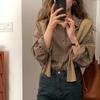 Blusa Top Feminina Manga Longa Gola Polo Corte Solto Xadrez Botões