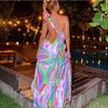 Women's Summer Printed Lace Up Split Backless Holiday Long Dresses
