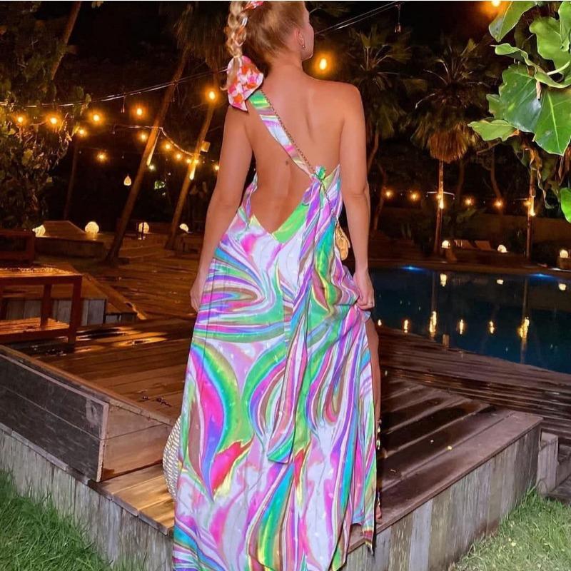 Women's Summer Printed Lace Up Split Backless Holiday Long Dresses