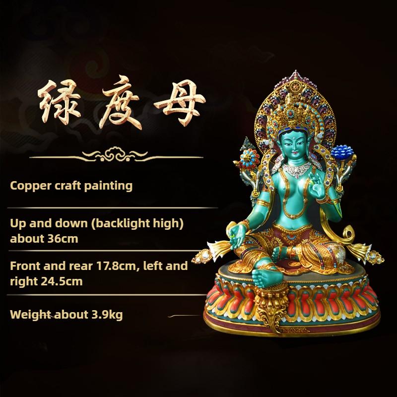 Nepal Tibet Craft Handmade Pure Copper Green Tara Statue Tibetan Buddhist Tantric Painted