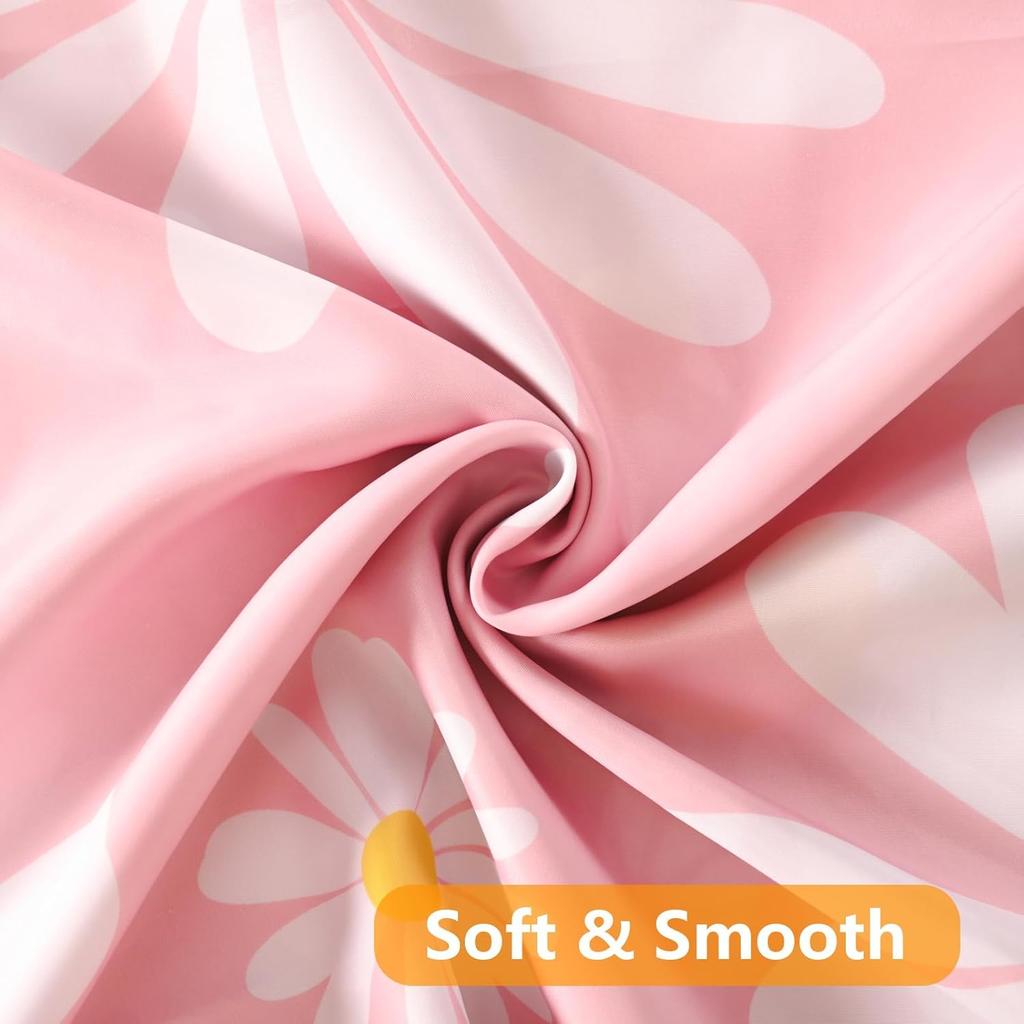 Qjhomo Rosa Blumenduschvorhang-Set Niedliche Gänseblümchen Mädchenhaft Badezimmervorhang, Waschbare Wasserdichte Stoffduschvorhänge mit 12 Haken