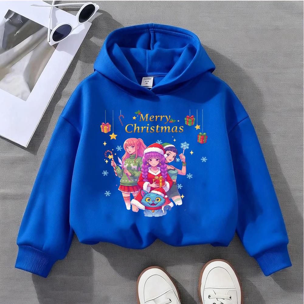 Festive Christmas Kids Hoodie with Adorable Anime Girls and Cute Cat Design for Season's Greetings