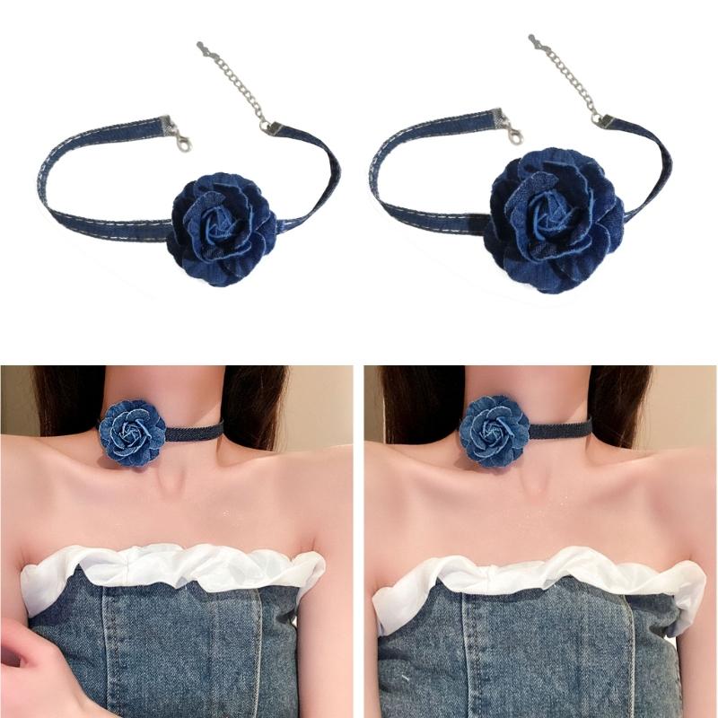 Big Flower Chokers Necklace Vintage Flower Necklace Neck Chain Blue Wide Denim Neckband Statement Jewelry for Womens