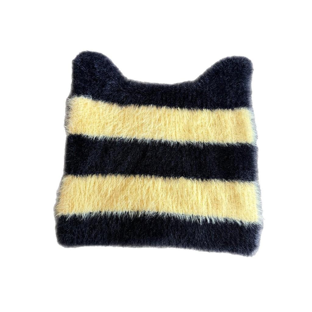 Ears Design Cats Knit Cap With Stripe Style For Daily Cold Weather Use Outdoor