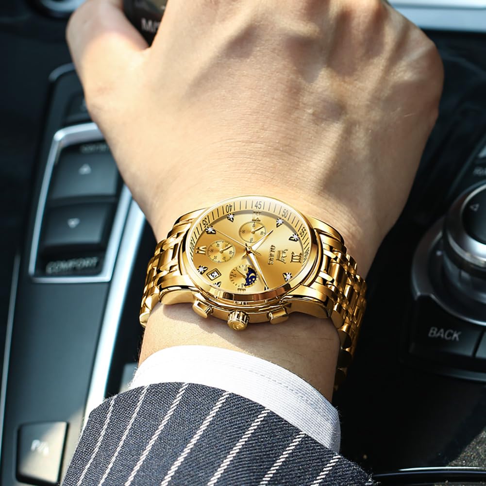 OLEVS Moon Phase Timer Waterproof Luminous Date Quartz Stainless Steel Band Simple Fashion Watch for Men Gold Men's