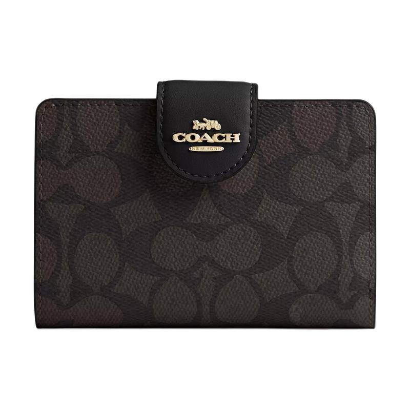 COACH SignatureCanvas ogo snap closure Premium leather Wallet Women s Walnut with black Walnut with black чёрный