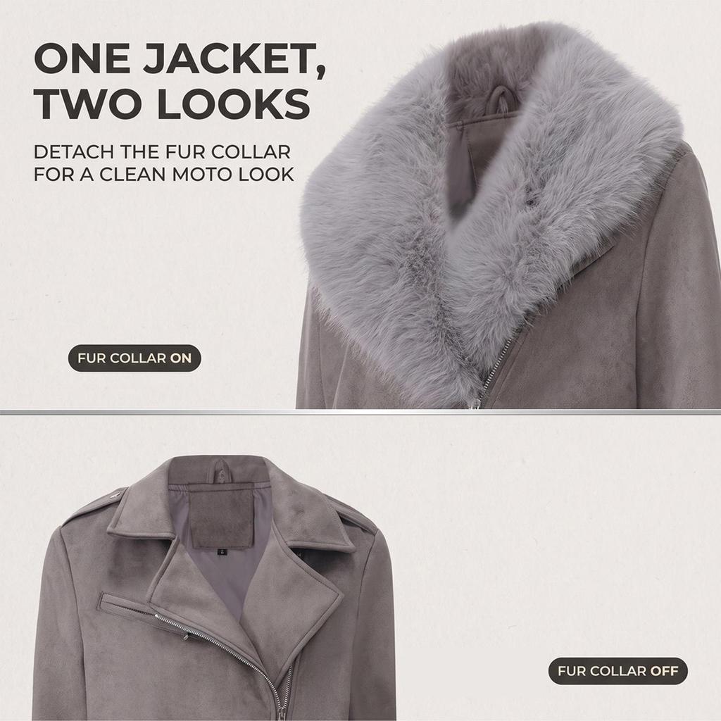 Women’s Faux Fur Coats 2 Way Wear Outfit Detachable Fur Collar Zipper Jacket Matte Faux Suede Crop Top Stylish Motobike Wear