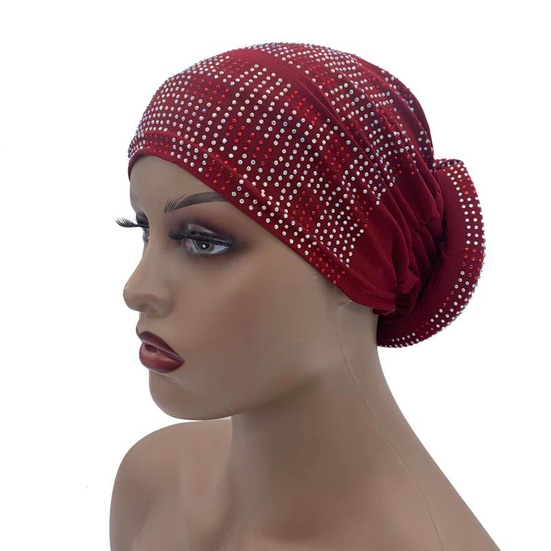 New Women Full Diamonds Donut Turban Cap Elastic Muslim Hijab Bonnet Hat Ladies Headband Turbans African India Caps