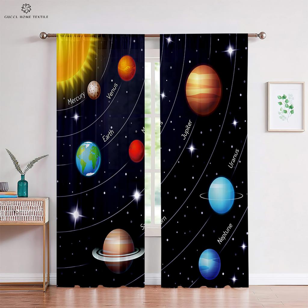 Custom Cartoon Animation Window Drapes, Universe Star Pattern, Bedroom, Living Room, Kitchen Decorative Curtains, 2 Pieces