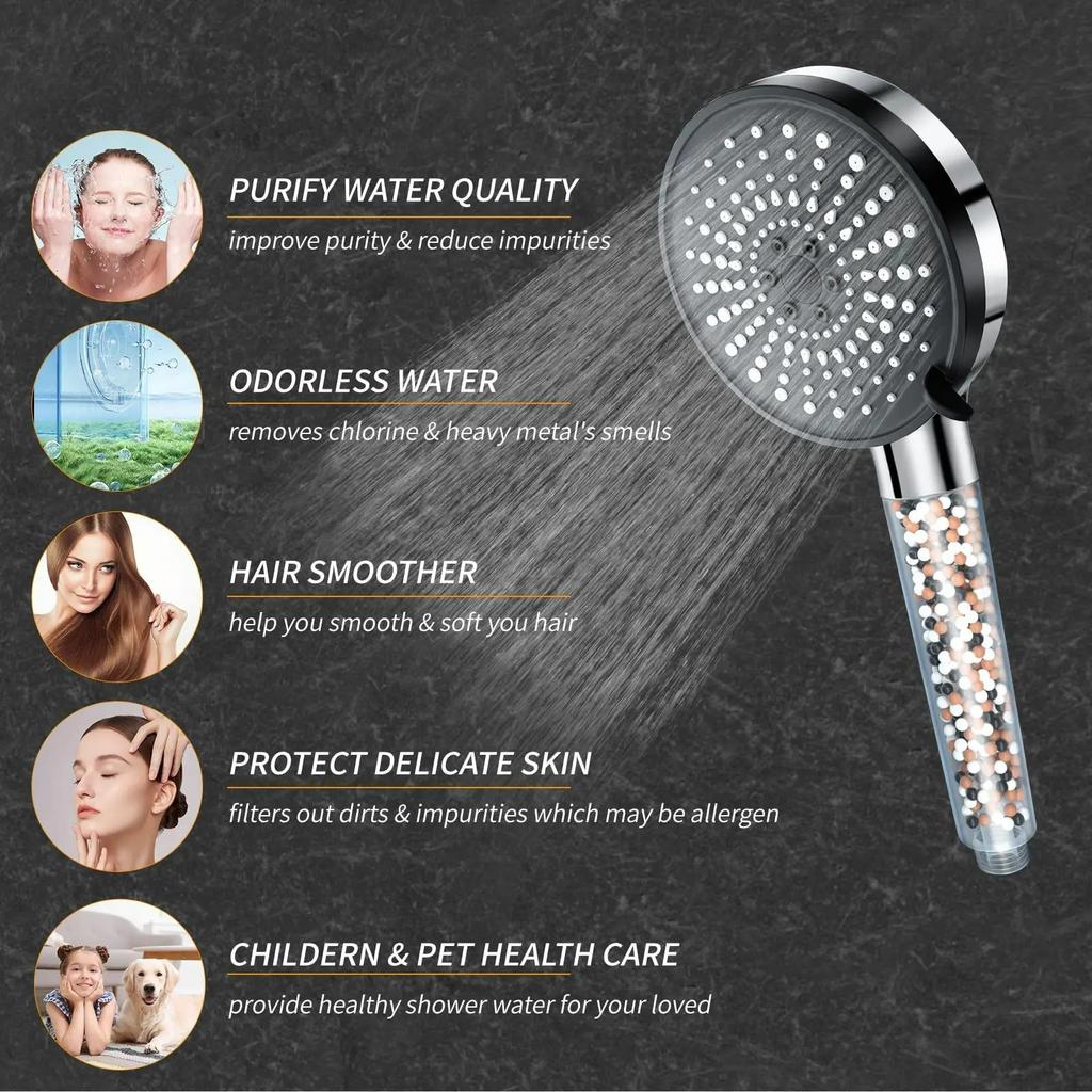 Adjustment 5-speed Water Filter Shower Head High Pressure Negative Ion Hard Water Softening Shower Head Set