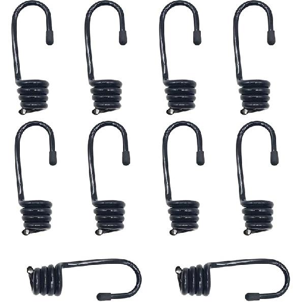 10Pcs Bungee Cord Hooks Spiral Bungee Hooks Cord Hook Wire Hooks End with 10Pcs Hog Rings for Boating, Camping,Tarps,Elastic Rope Strapping Tape (1/4