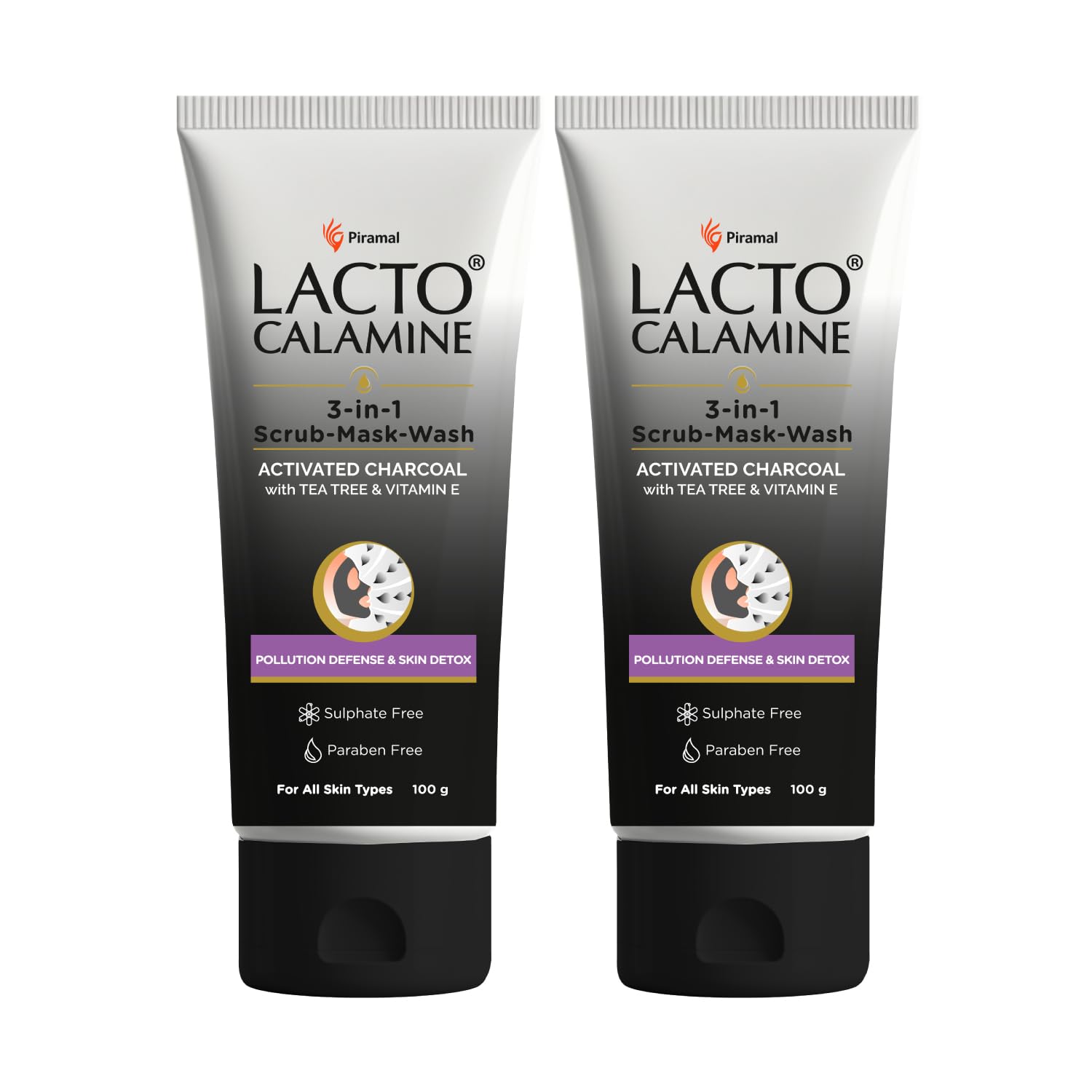 

Lacto Calamine 3-in-1 Charcoal Face Scrub Mask Wash 100 ml X Pack of 2 Multi-Action Detox Cleanser