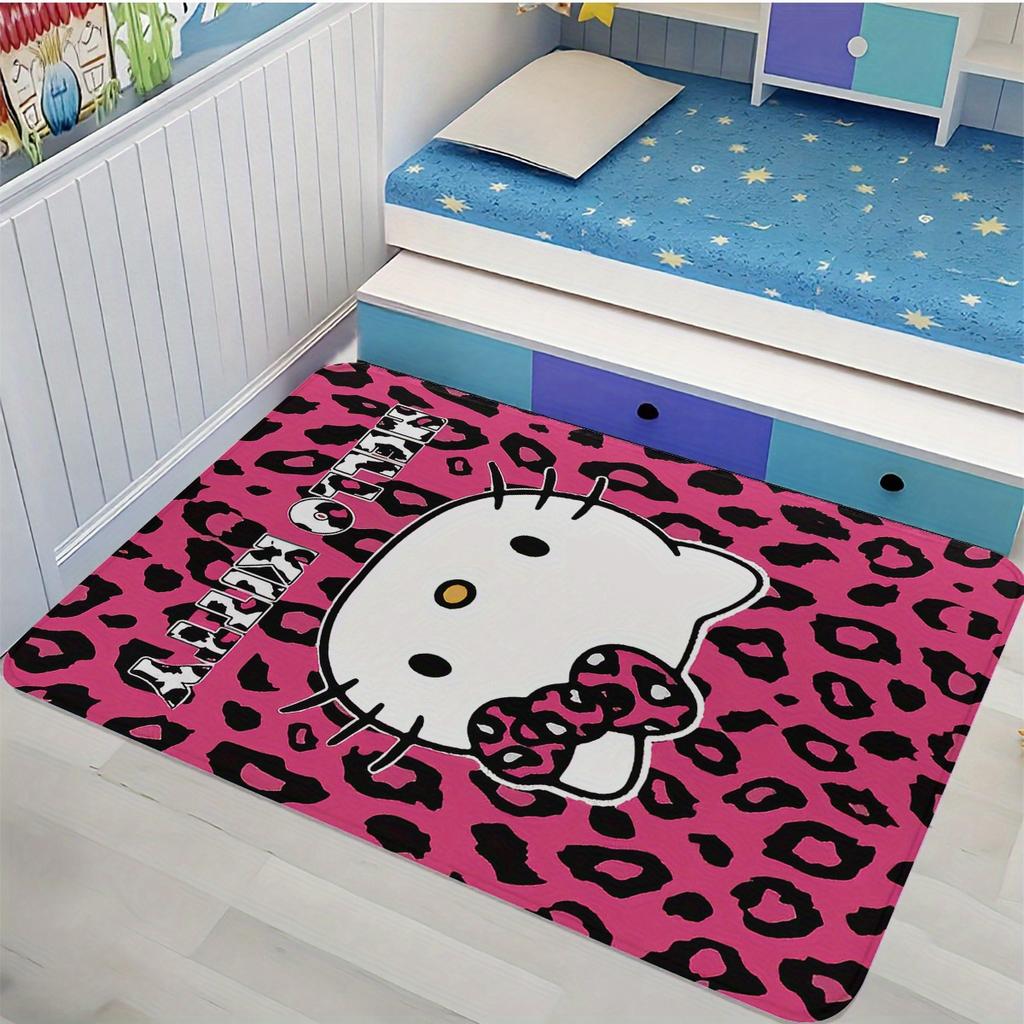 1pc for Hello Kitty Non-Slip Area Mat - Pink & Black Leopard Print, Washable Flannel Mat for Bedroom, Living Room, or Indoor U